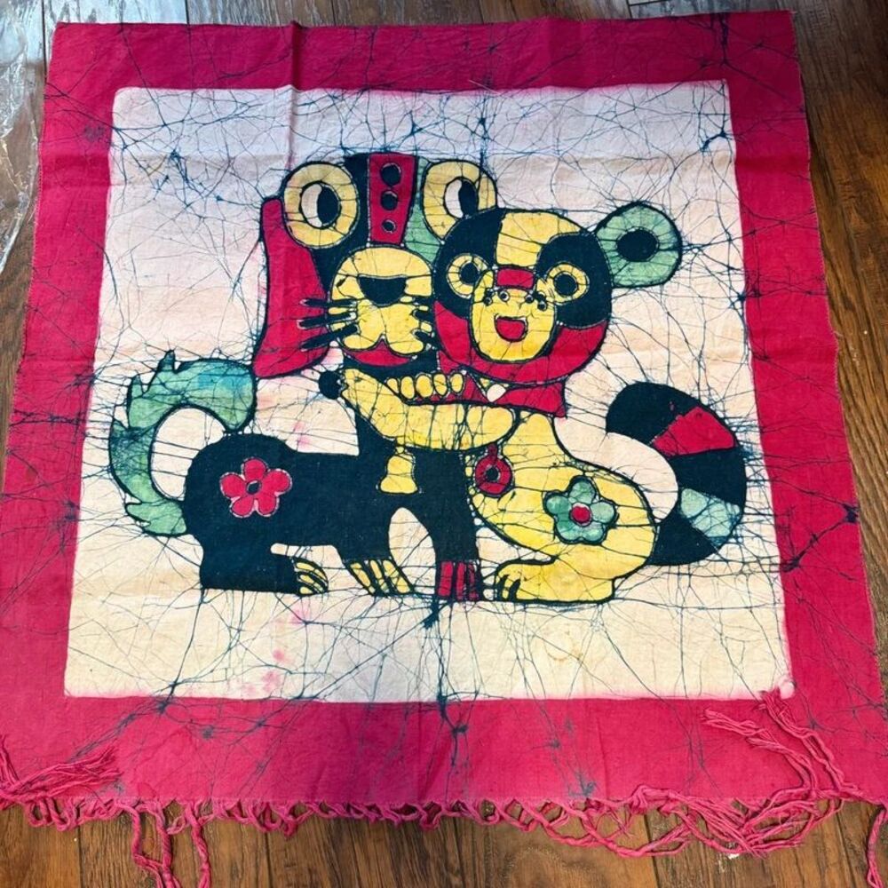 Vintage Rare Fabric Hand Dyed from Hmong People in China, Batik, Animals, Dogs